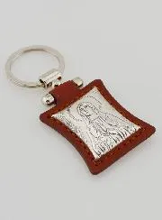 Sleutelhanger Onze-Lieve-Vrouw van Lourdes Echt Leer Bruin en Zilveren Icoon