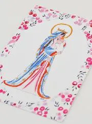 Doop Kaart - Gekroonde Maria met Lelies - Pink Roze