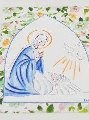 Doop-Kaart Maria met Duif Heilige Geest - Blauw en Groen