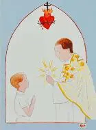 Communie Prentje - Communiekind met Priester en Jezus