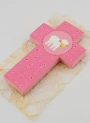 Houten Kruisje Roze Lammetje - 12 cm