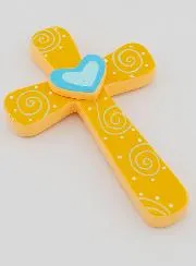 Kruisje Kind Hout Oranje en Blauw Hart - 15 cm