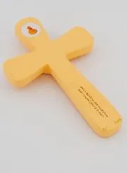 Kruisje Kind Hout Oranje en Blauw Hart - 15 cm