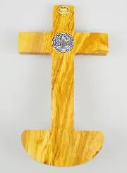 Wijwatervat Kruis Heilige Benedictus van Olijfhout - 19cm