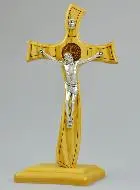 Kruis Sint Benedictus van Olijfhout op Voetstuk - 22 cm