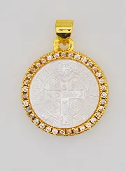 Goudkleurige Medaille met Parelmoer en Kruis van Heilige Benedictus - 22 mm