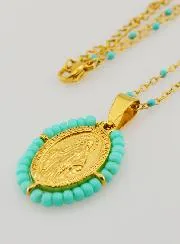Religieuze Halsketting met Kralen en Wonderdadige Medaille - Turkoois Blauw