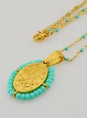 Religieuze Halsketting met Kralen en Wonderdadige Medaille - Turkoois Blauw