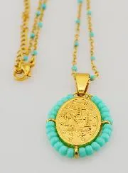 Religieuze Halsketting met Kralen en Wonderdadige Medaille - Turkoois Blauw