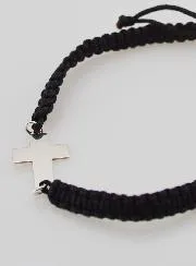 Zwart Gevlochten Touw Armband - Zilveren Kruis