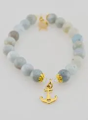 Armband van Aquamarijn 8mm met Ichthus Vis en Anker