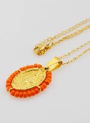 Wonderdadige Medaille + Halsketting - Oranje Kralen