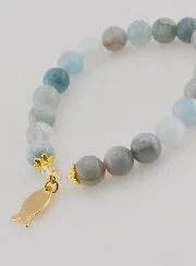 Armband Aquamarijn Stenen 8mm en Ichthus Goudkleurig