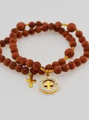 Rozenkrans Armband van Zonnesteen - Medaille Kruis met Zirkonia's