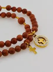 Rozenkrans Armband van Zonnesteen - Medaille Kruis met Zirkonia's