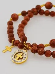 Rozenkrans Armband van Zonnesteen - Medaille Kruis met Zirkonia's