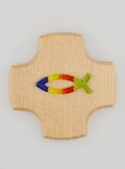 Kruis van Esdoornhout met Glazen Ichtus Vis - 9 cm