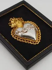 Ex Voto Wanddecoratie Goud en Zilver op Fluweel - Hart met Bloemen 18 cm