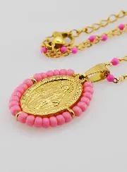 Wonderdadige Medaille met Kralen + Halsketting Roze Kralen