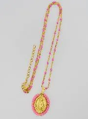 Wonderdadige Medaille met Kralen + Halsketting Roze Kralen