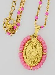 Wonderdadige Medaille met Kralen + Halsketting Roze Kralen
