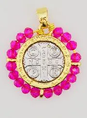 Medaille van Heilige Benedictus van Messing en Roze Glas