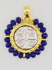Medaille van Sint Benedictus - Messing en Blauw Glas