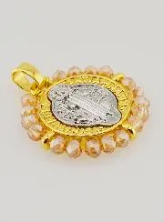 Medaille H. Benedictus - Messing en Licht Roze Glas