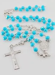 Rozenkrans Wonderdadige Medaille en Chroom Kralen - Turquoise Blauw