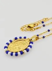 Wonderdadige Medaille Blauwe en Witte Kralen + Ketting met Kralen