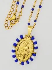 Wonderdadige Medaille Blauwe en Witte Kralen + Ketting met Kralen