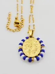 Wonderdadige Medaille Blauwe en Witte Kralen + Ketting met Witte Kralen