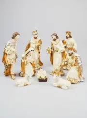 Kerststal 9 Beeldjes Beige en Goud