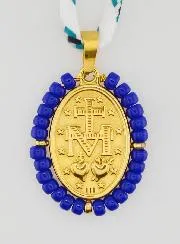 Halsketting Koord Wonderdadige Medaille met Blauwe Kralen