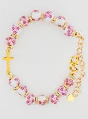 Armband met Kruisje en Keramiek Kralen - Roze