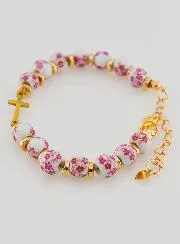 Armband met Kruisje en Keramiek Kralen - Roze