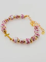 Armband met Kruisje en Keramiek Kralen - Roze
