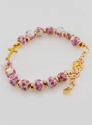 Armband met Kruisje en Keramiek Kralen - Roze