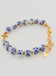 Armband met Kruis en Keramische Kralen - Blauw
