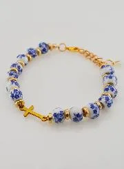Armband met Kruis en Keramische Kralen - Blauw