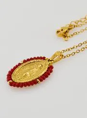 Wonderdadige Medaille Gefacetteerde Kralen met Ketting – Rood