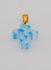 Handgemaakte Glazen Kruis Hanger - Wit en Blauw