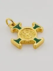 Hanger Kruis Heilige Benedictus Goudkleurig - Groen - 2 cm