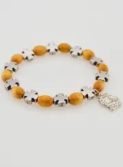 Rozenkrans Armband Hout en Kruisje Zilver